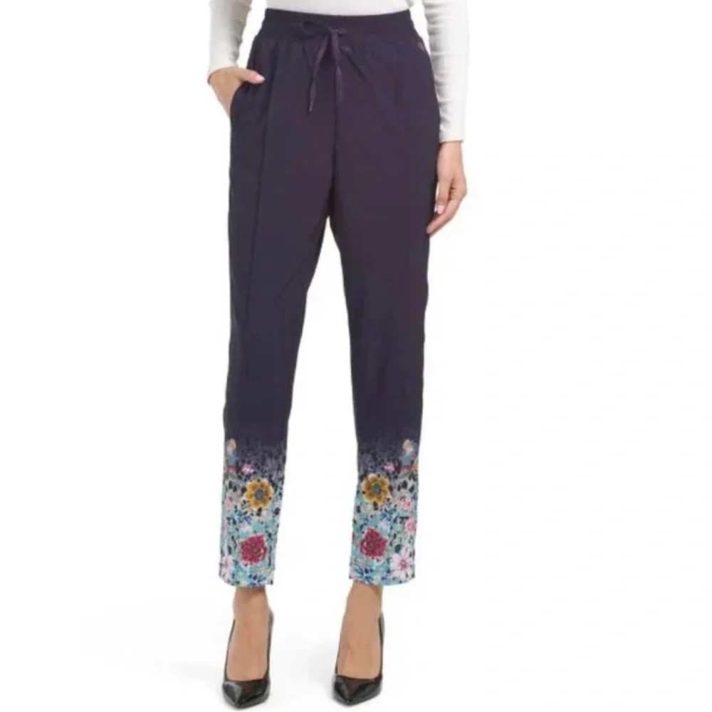 JOHNNY WAS Joy Vanda Track Pants Navy Multi Color Floral Hem Drawstring Jogger